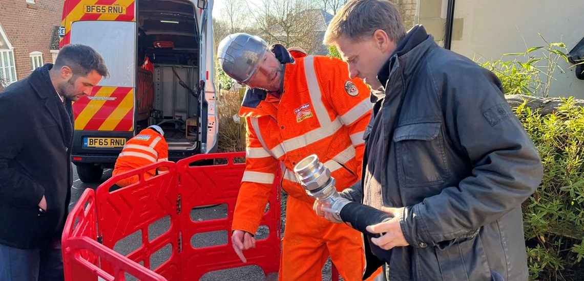 Winchester and Chandler's Ford MP Steve Brine looking at how TuboGel can repair private sewers in the pan parishes in Hampshire