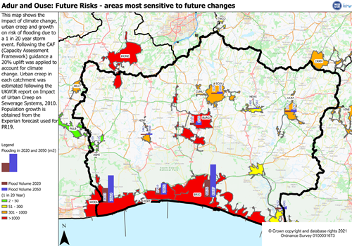 Map of impact of climate change on Adur and Ouse catchment