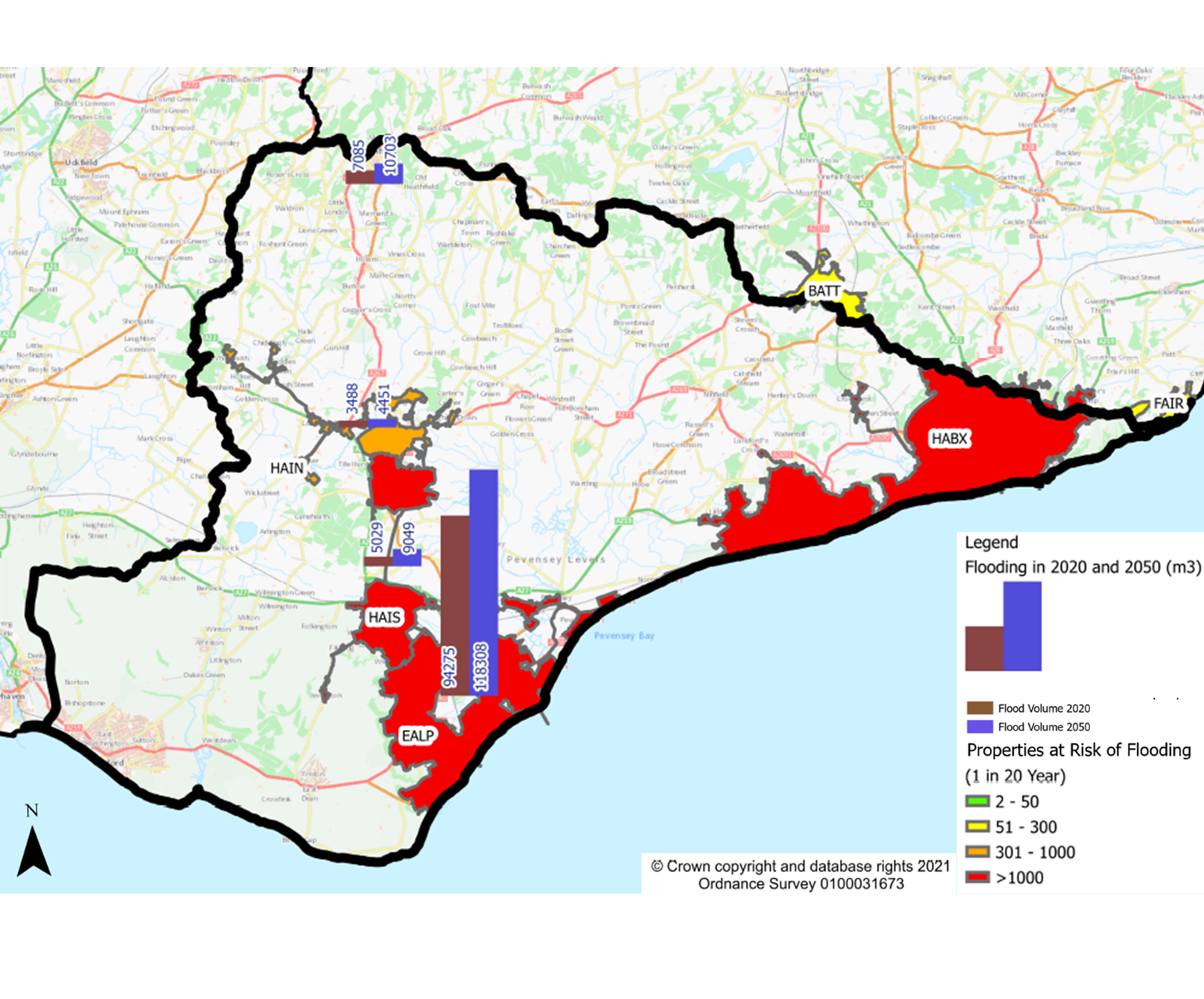 Map of climate change impact in the Cuckmere and Pevensey Levels RBC