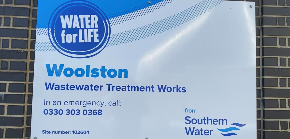 An image of the sign for Woolston Wastewater Treatment Works 